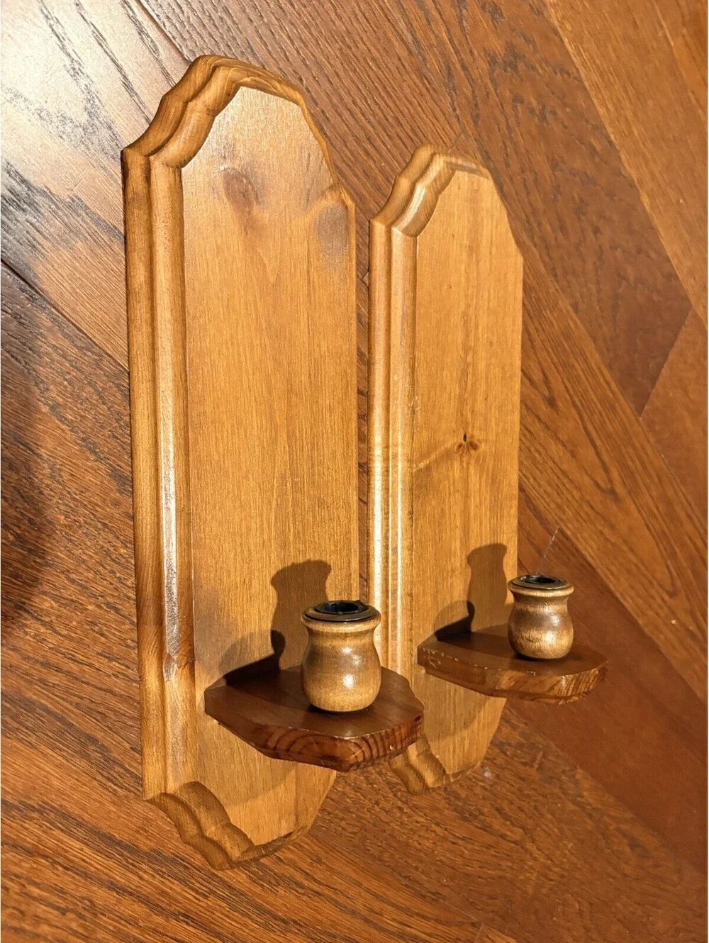 Pair of Vintage Mid Century Wood Wall Sconce Candle Holders